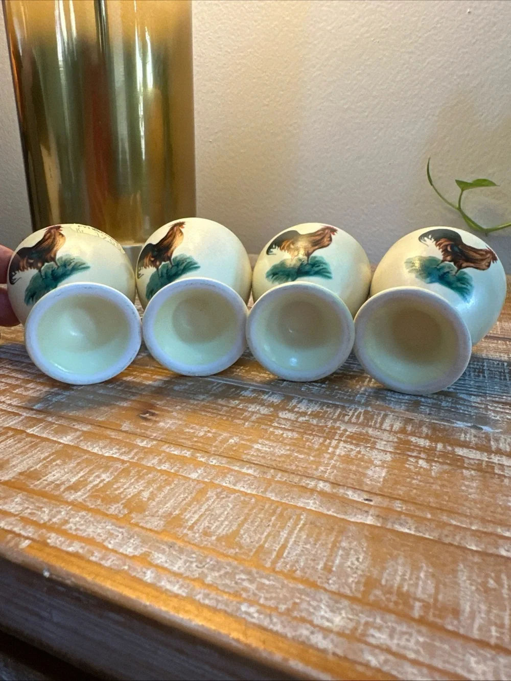 Vintage Ceramic Egg Cups Hand-painted Rooster Design Blue Sponged Rim Easter